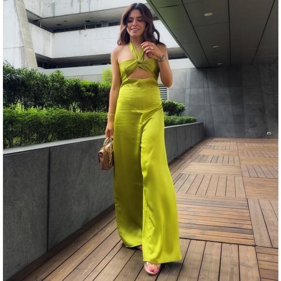 ZARA Strapless Wide-Leg Jumpsuit NWT | Bow Detail Cutout Green M - Picture 10 of 16